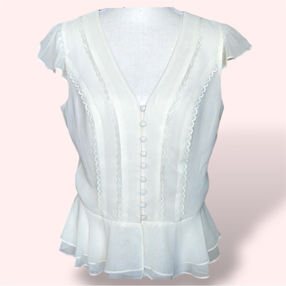 Ann Taylor Loft Ivory Lace Ruffle Detail Sheer Top Cap Sleeve Flouncy Size 6 - Picture 10 of 10